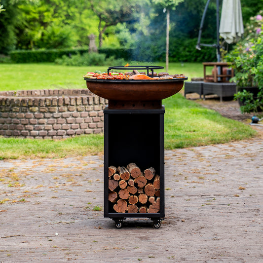 Brasero BBQ Plancha Grill Acero Corten Camarada 2.0 - Con tapa y depósito de leña Ø70cm