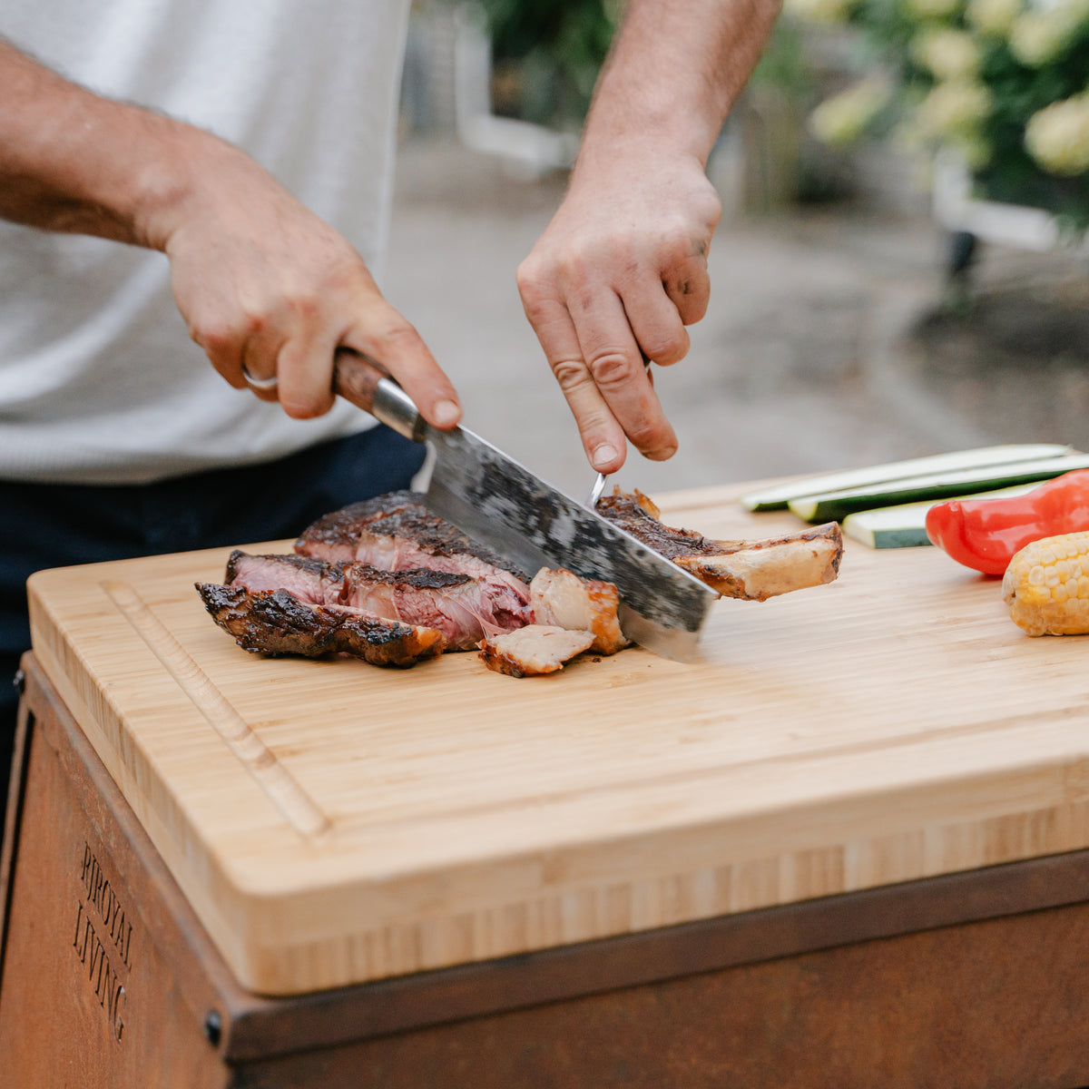 Mesa de trabajo BBQ Plancha - Tabla Cortar Acero Corten - Con Tabla de Cortar